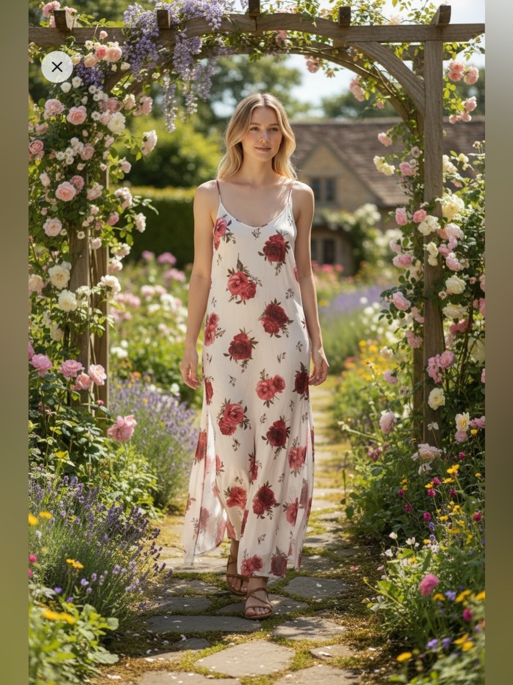 Miley + Molly Floral Roses Slip Maxi Dress Spaghetti Straps Romantic M